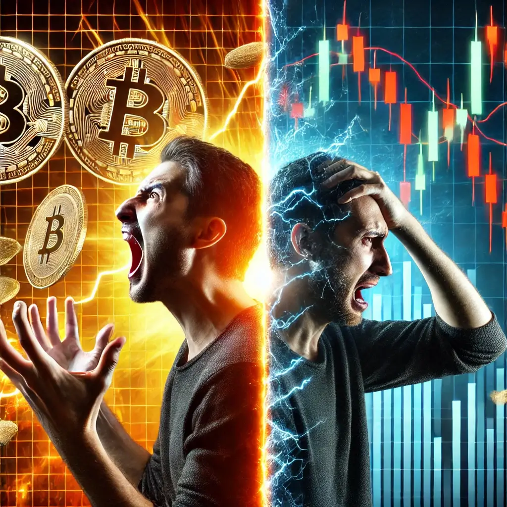 A cryptocurrency investor experiencing extreme emotions—celebrating as Bitcoin prices skyrocket on one side and distressed as they crash on the other, with glowing market charts in the background.