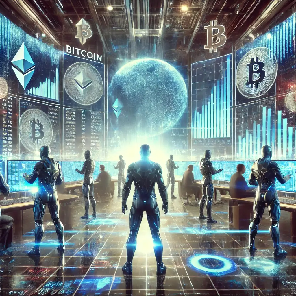 A futuristic cryptocurrency trading floor with traders in sleek, high-tech suits surrounded by massive holographic screens displaying Bitcoin, Ethereum, and other crypto prices.