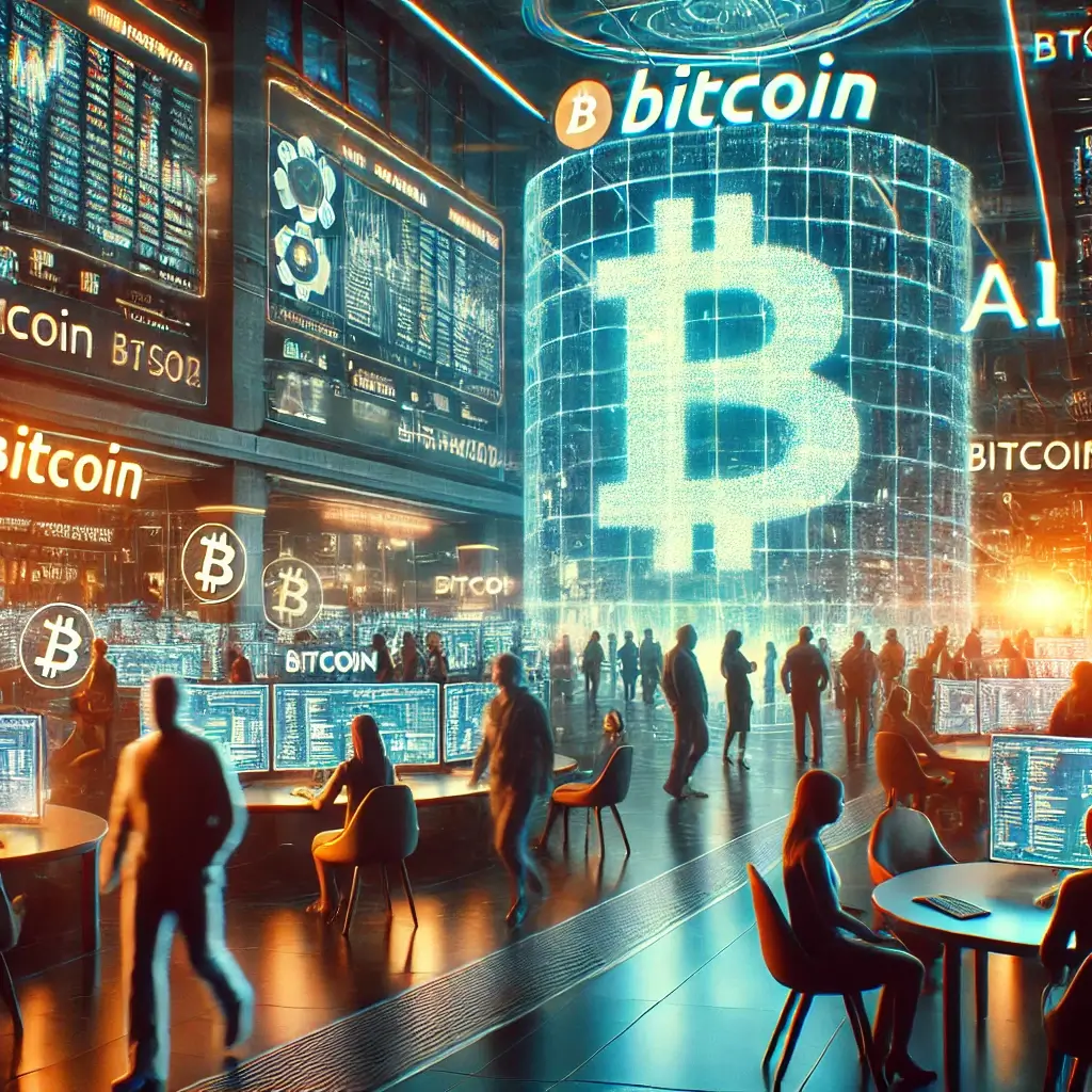 A futuristic marketplace where traders exchange digital assets and cryptocurrencies, guided by AI-driven assistants and illuminated by neon lights displaying real-time crypto prices.