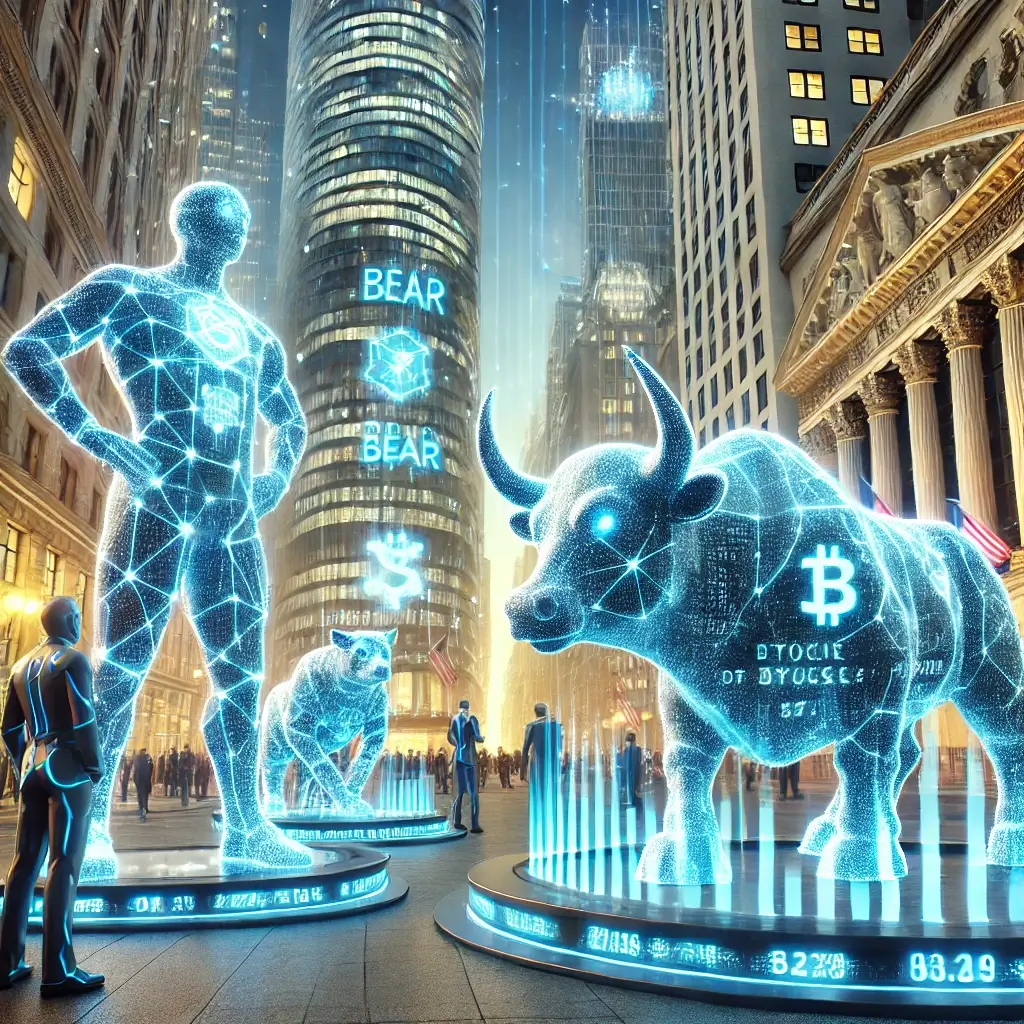 A futuristic Wall Street with towering digital bull and bear statues made of glowing blockchain code, surrounded by cyber-enhanced traders analyzing cryptocurrency data on holographic screens.