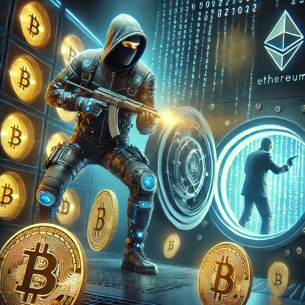 A masked hacker in a high-tech suit steals glowing Bitcoin and Ethereum coins from a holographic vault, while blockchain security systems attempt to stop the breach.