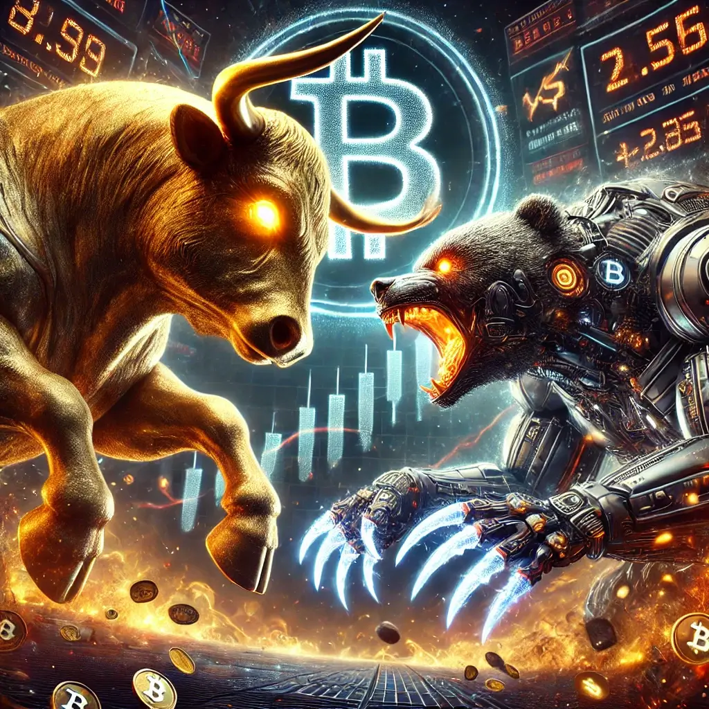 A giant golden Bitcoin bull rears up against a ferocious cybernetic bear, both surrounded by swirling blockchain energy in a high-tech financial battlefield.