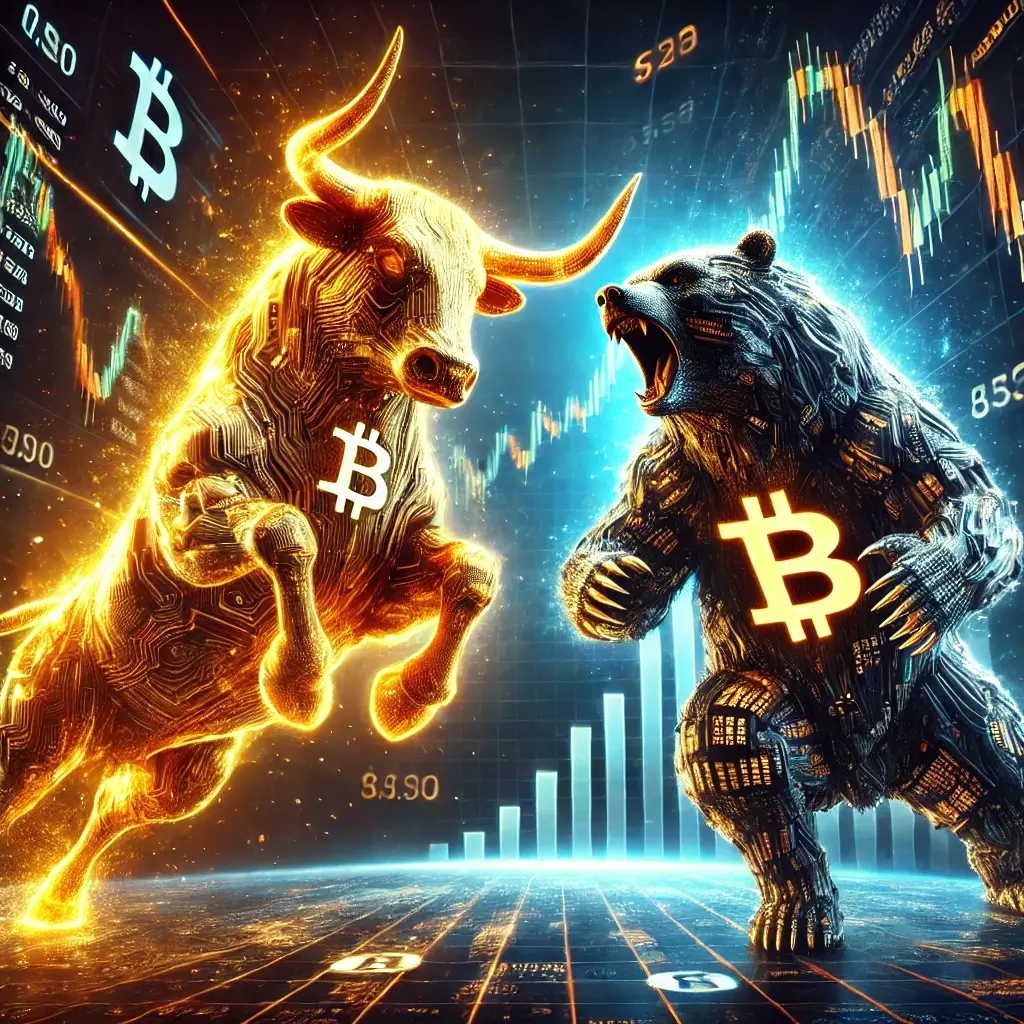 A glowing Bitcoin bull made of golden blockchain energy charges forward against a shadowy crypto bear formed from dark digital code in a futuristic stock market arena.