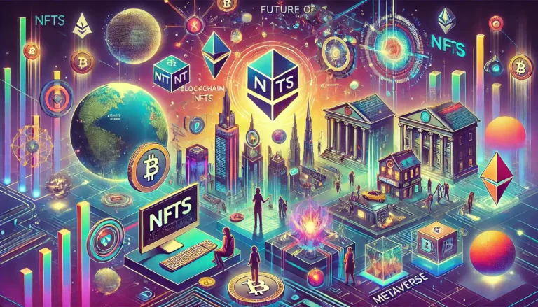 A futuristic digital illustration showcasing the future of NFTs, including blockchain, digital art, gaming NFTs, and the metaverse in a tech-forward design.