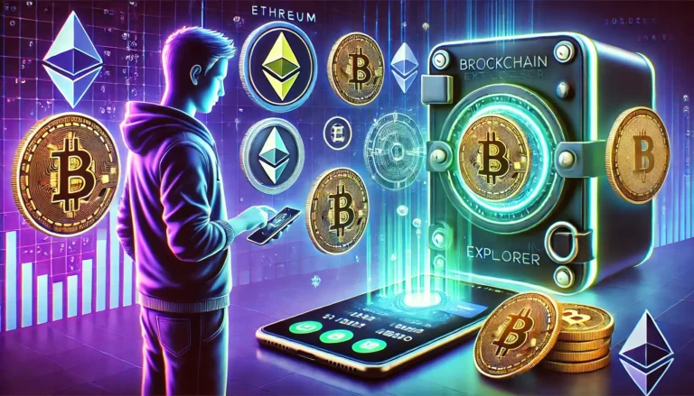 A futuristic digital illustration of a cryptocurrency transaction verification process. A user checks a wallet balance on a mobile device, with a blockchain explorer displayed on a neon-lit screen. Floating crypto icons (Bitcoin, Ethereum, Binance Coin) symbolize transaction tracking and security.