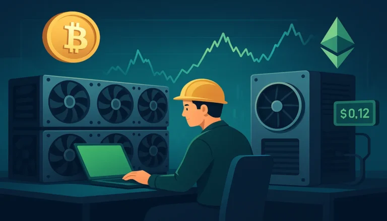 A cryptocurrency miner analyzing profitability on a laptop, surrounded by GPU and ASIC mining hardware, with Bitcoin and Ethereum symbols.