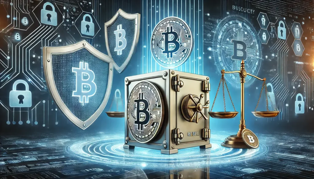 A digital concept showing ways to minimize investment risks in cryptocurrency, featuring a secure vault, a shield for cybersecurity, and a balanced financial scale.