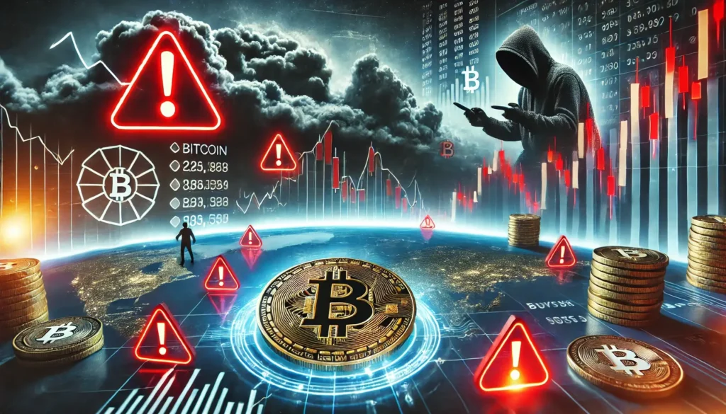 A futuristic digital scene illustrating the risks of investing in cryptocurrency, featuring a stormy financial landscape, a Bitcoin coin, warning symbols, and a hacker silhouette.