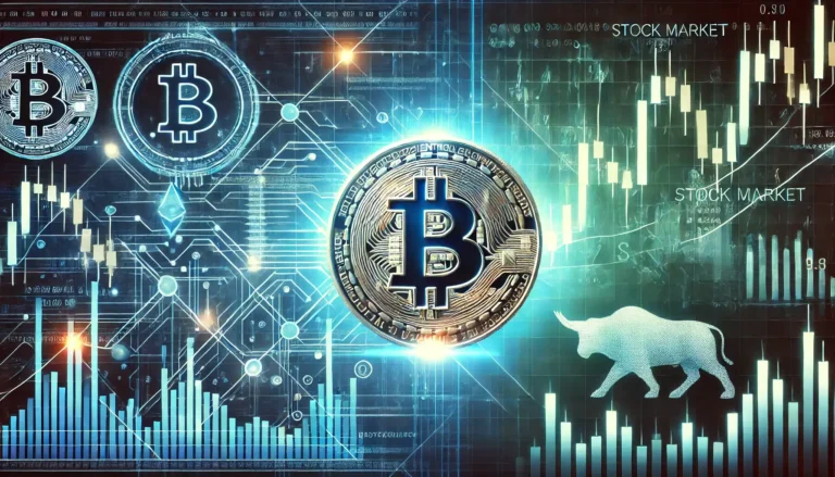 Cryptocurrency vs Stocks – a split-screen comparison of Bitcoin and a stock market chart.
