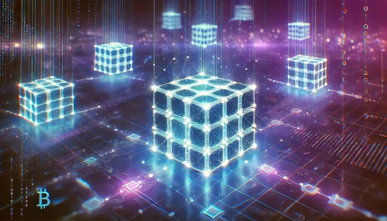 A futuristic digital illustration of blockchain technology, showing a glowing network of interconnected blocks in a decentralized structure. The scene features a cyber-inspired background with digital data streams and cryptographic symbols in blue and purple tones, symbolizing security and innovation.